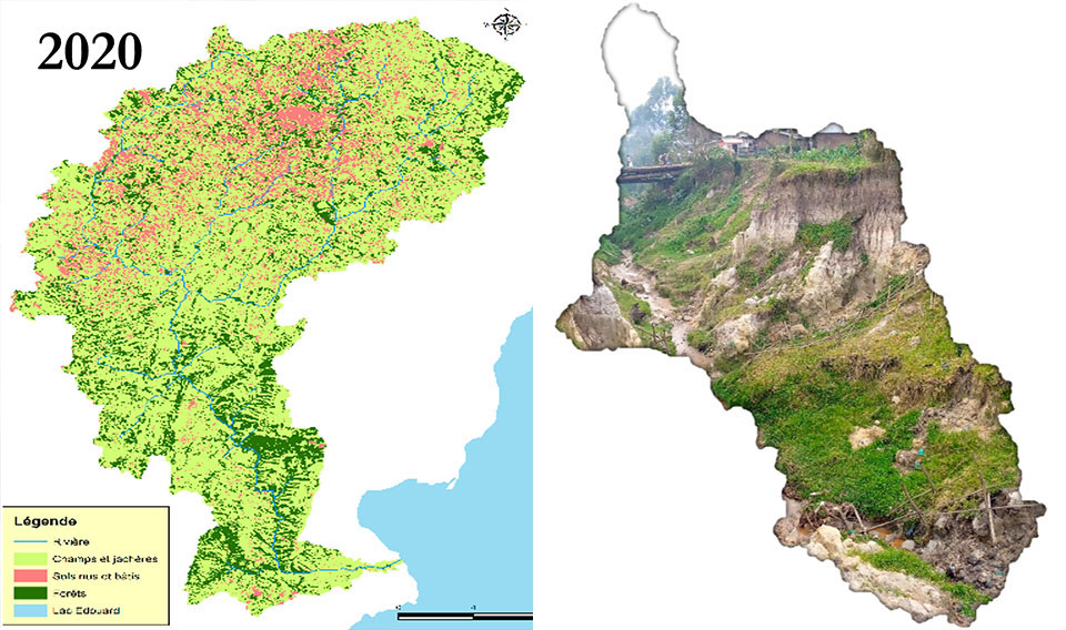 Occupation du sol du bassin versant de Talihya sud à gauche et montage entre un ravin et la limite du bassin versant de la Kimeni au centre-ville de Butembo (© Walere Muhindo Sahani)