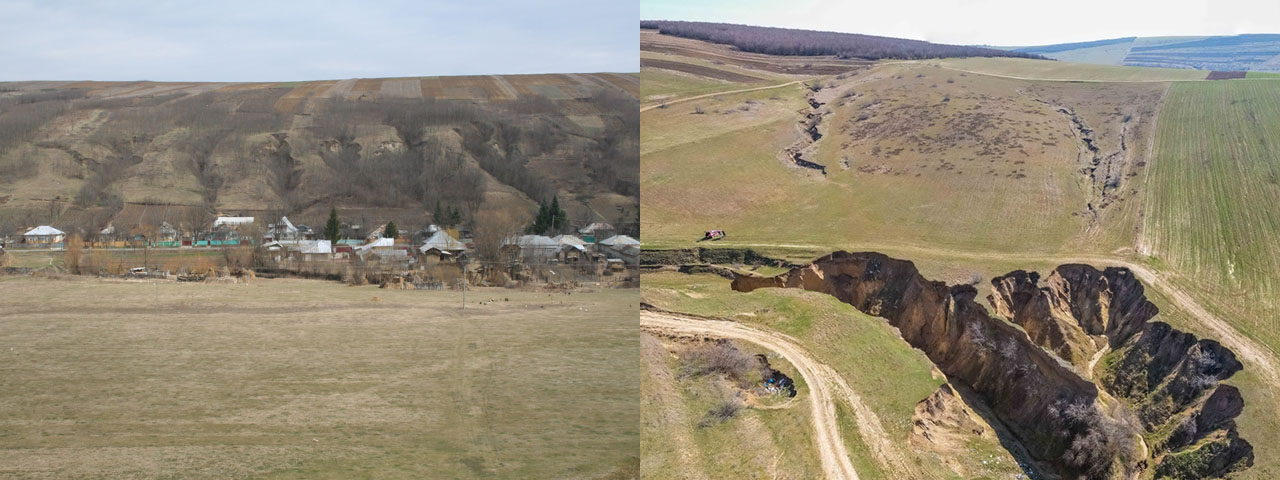 Succession de ravins à gauche et différents types de ravins du Plateau Moldave à droite (© Lilian Niacsu)